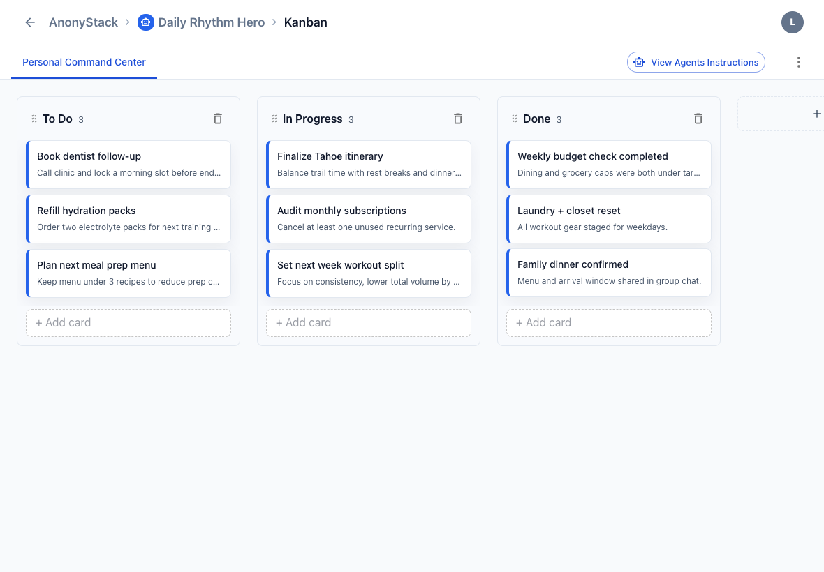 AnonyStack kanban workspace screenshot