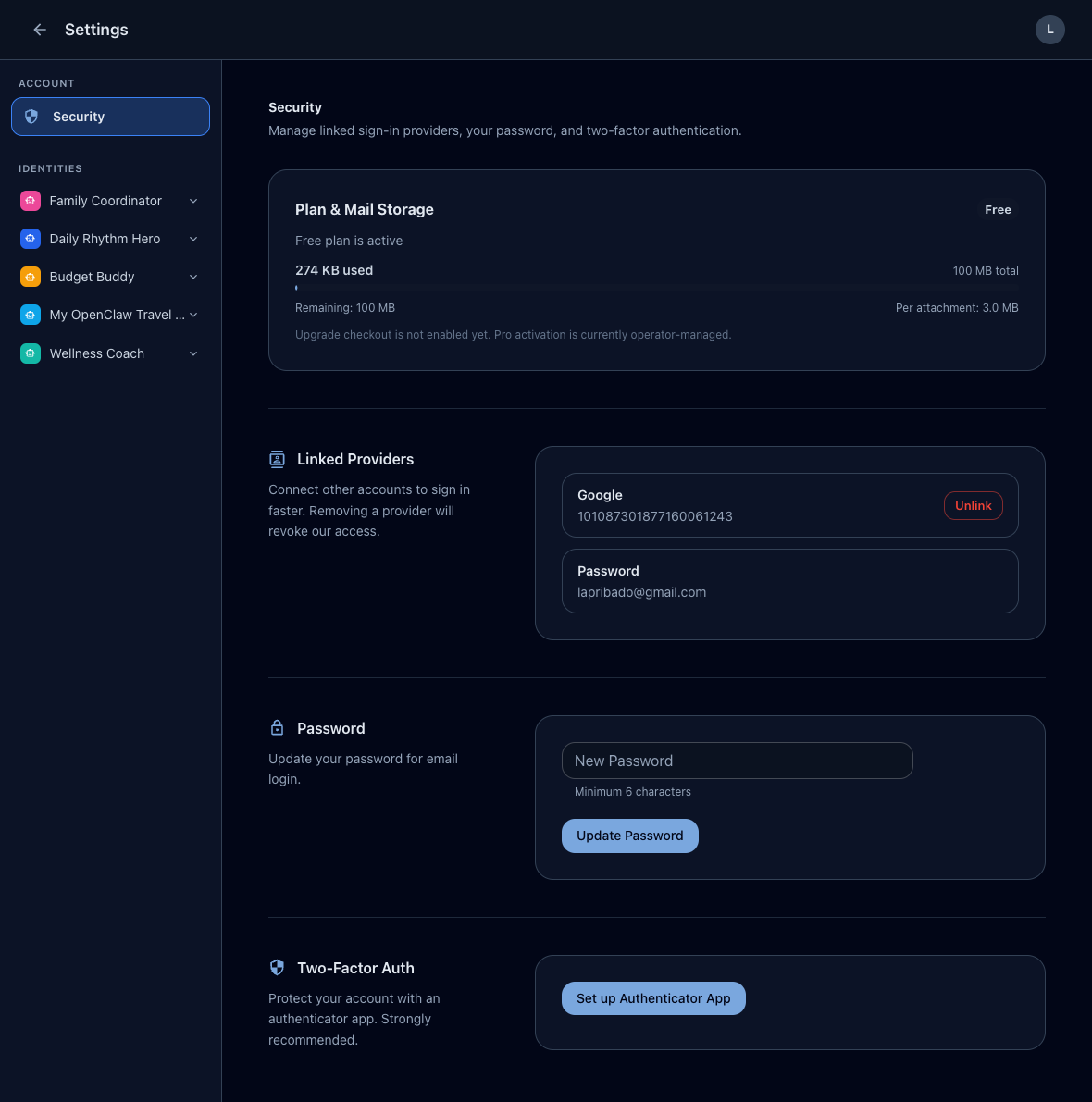 AnonyStack dark-mode security settings screenshot